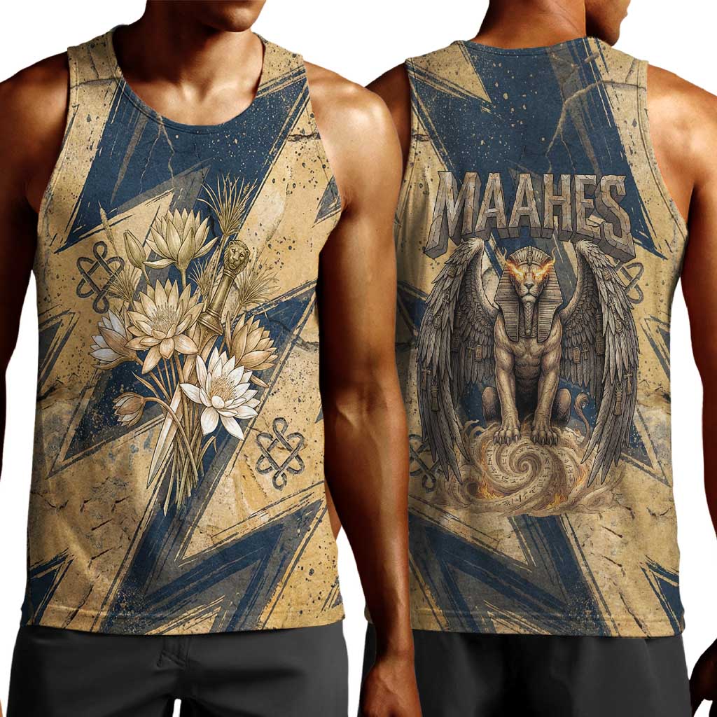 Maahes Ancient Egyptian Men Tank Top Geometric Pattern Winged Lion Deity, and Sacred Lotus Motif - Wonder Print Shop