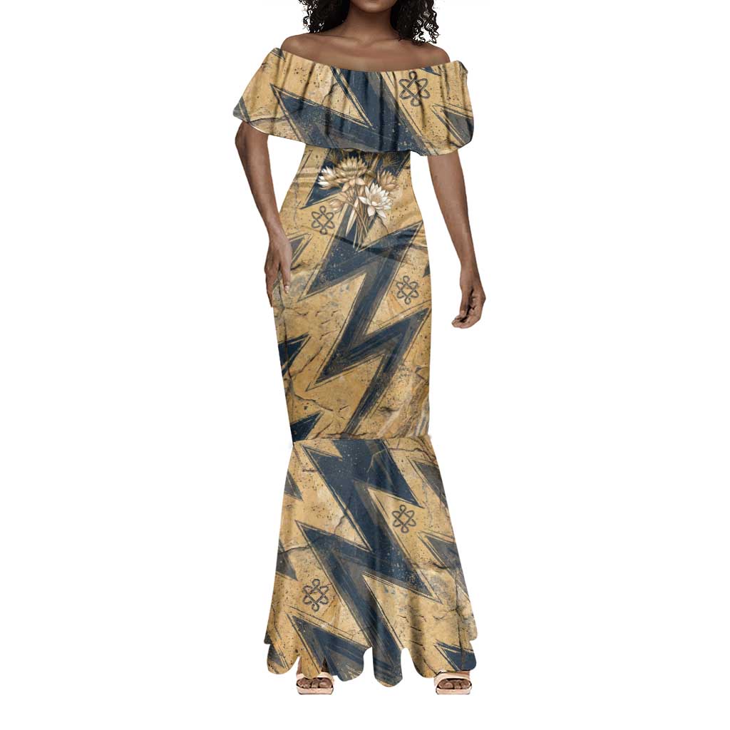 Maahes Ancient Egyptian Mermaid Dress Geometric Pattern Winged Lion Deity, and Sacred Lotus Motif - Wonder Print Shop