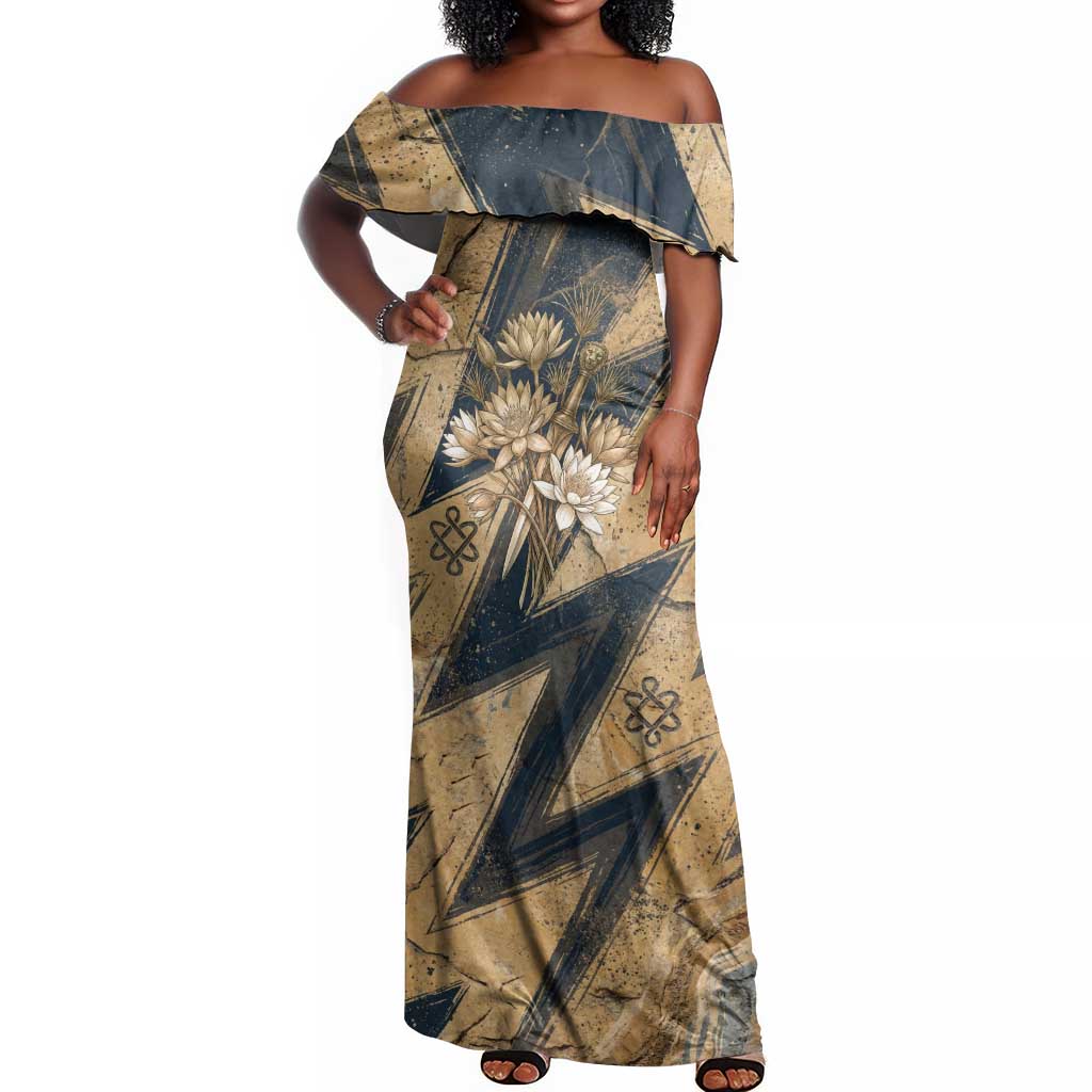 Maahes Ancient Egyptian Off Shoulder Maxi Dress Geometric Pattern Winged Lion Deity, and Sacred Lotus Motif - Wonder Print Shop
