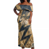 Maahes Ancient Egyptian Off Shoulder Maxi Dress Geometric Pattern Winged Lion Deity, and Sacred Lotus Motif - Wonder Print Shop