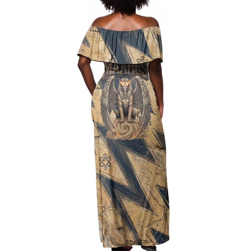 Maahes Ancient Egyptian Off Shoulder Maxi Dress Geometric Pattern Winged Lion Deity, and Sacred Lotus Motif - Wonder Print Shop