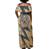 Maahes Ancient Egyptian Off Shoulder Maxi Dress Geometric Pattern Winged Lion Deity, and Sacred Lotus Motif - Wonder Print Shop