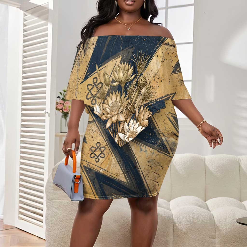 Maahes Ancient Egyptian Off Shoulder Short Dress Geometric Pattern Winged Lion Deity, and Sacred Lotus Motif - Wonder Print Shop