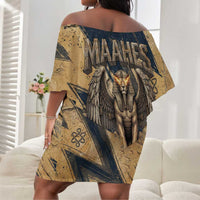 Maahes Ancient Egyptian Off Shoulder Short Dress Geometric Pattern Winged Lion Deity, and Sacred Lotus Motif - Wonder Print Shop