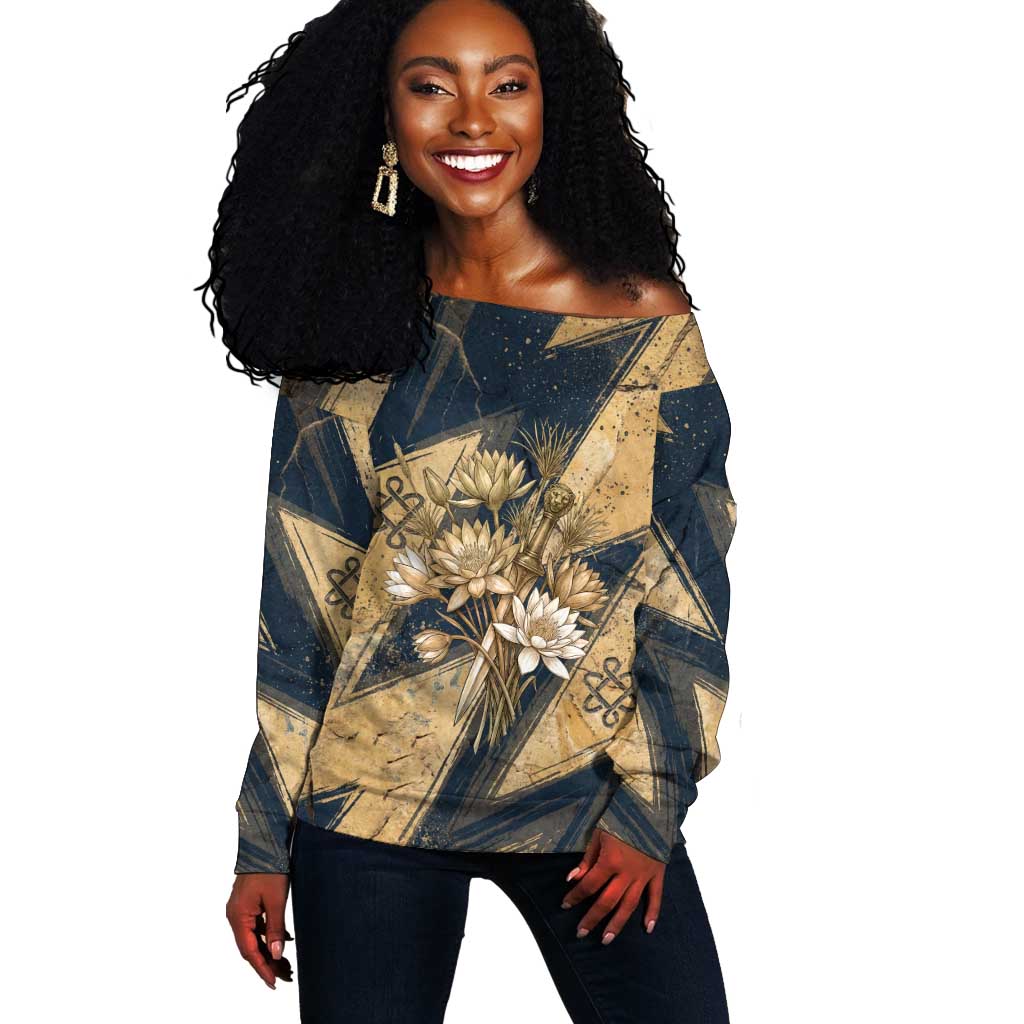 Maahes Ancient Egyptian Off Shoulder Sweater Geometric Pattern Winged Lion Deity, and Sacred Lotus Motif - Wonder Print Shop