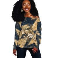 Maahes Ancient Egyptian Off Shoulder Sweater Geometric Pattern Winged Lion Deity, and Sacred Lotus Motif - Wonder Print Shop