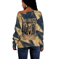 Maahes Ancient Egyptian Off Shoulder Sweater Geometric Pattern Winged Lion Deity, and Sacred Lotus Motif - Wonder Print Shop