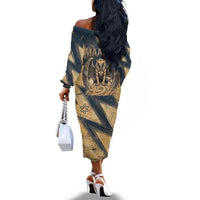 Maahes Ancient Egyptian Off The Shoulder Long Sleeve Dress Geometric Pattern Winged Lion Deity, and Sacred Lotus Motif - Wonder Print Shop