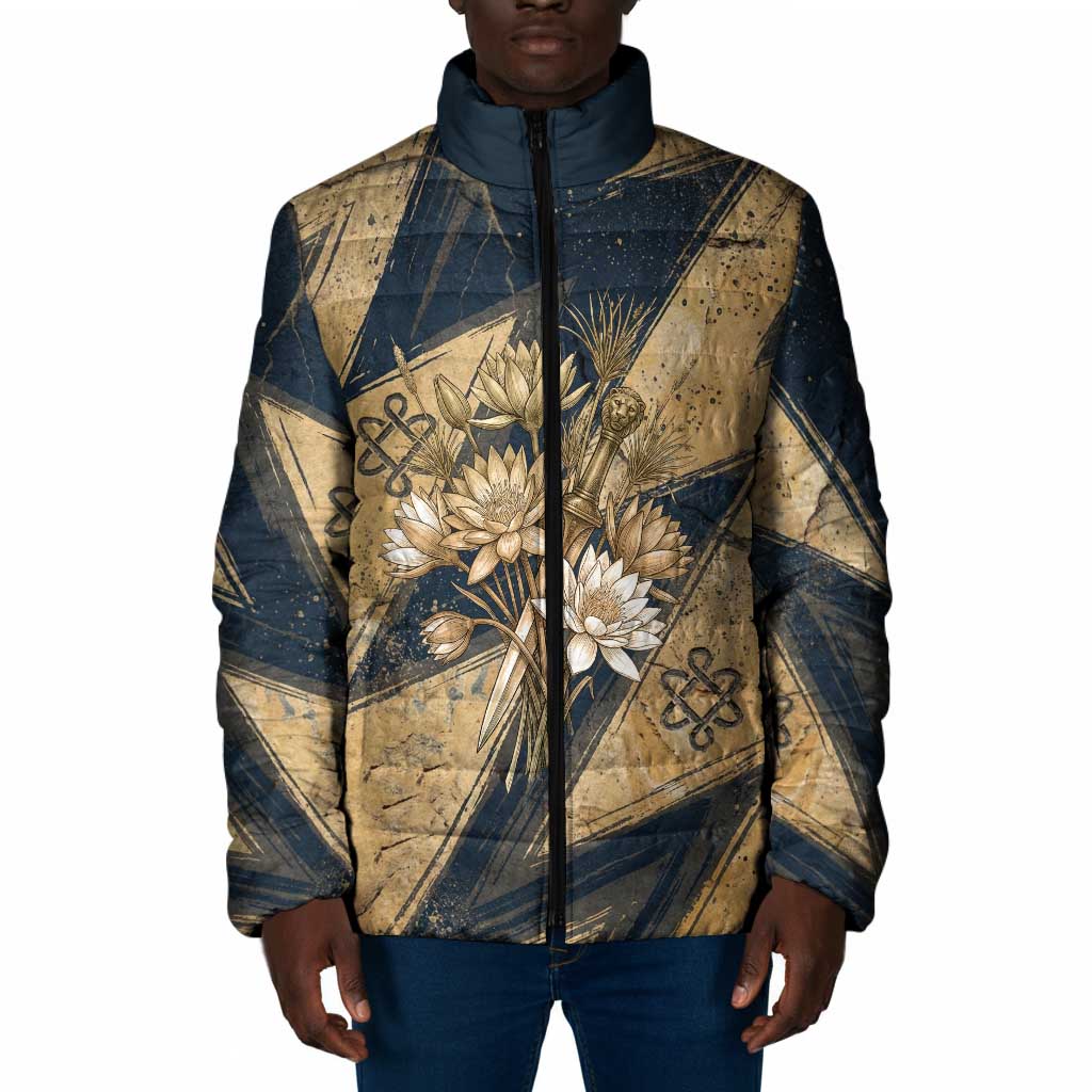 Maahes Ancient Egyptian Padded Jacket Geometric Pattern Winged Lion Deity, and Sacred Lotus Motif - Wonder Print Shop
