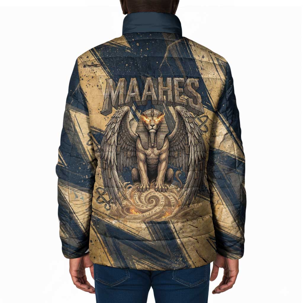 Maahes Ancient Egyptian Padded Jacket Geometric Pattern Winged Lion Deity, and Sacred Lotus Motif - Wonder Print Shop