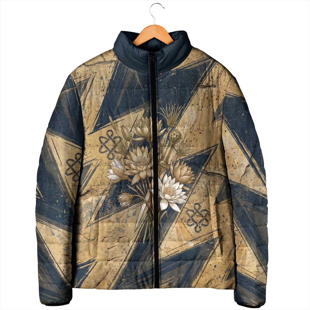 Maahes Ancient Egyptian Padded Jacket Geometric Pattern Winged Lion Deity, and Sacred Lotus Motif - Wonder Print Shop