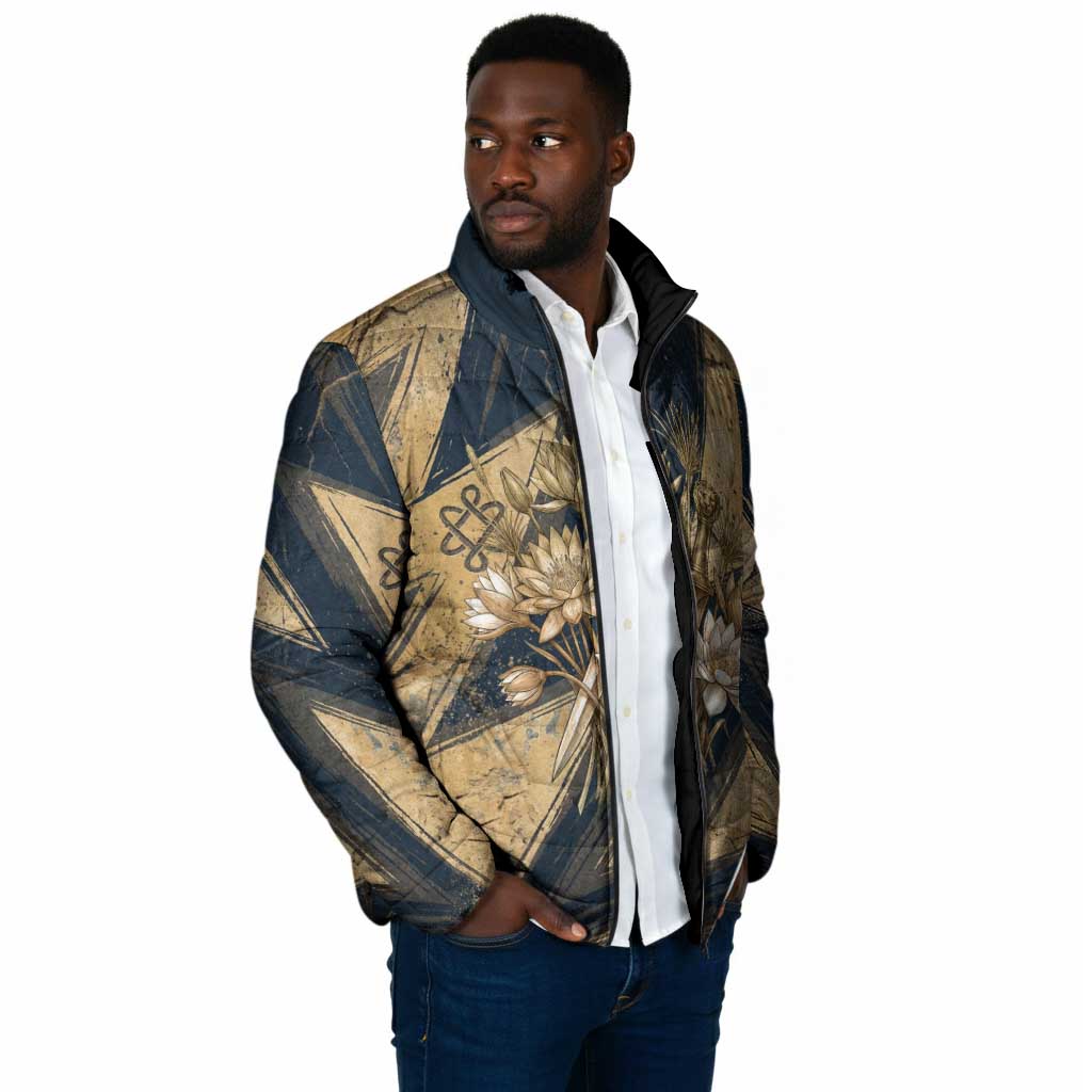 Maahes Ancient Egyptian Padded Jacket Geometric Pattern Winged Lion Deity, and Sacred Lotus Motif - Wonder Print Shop