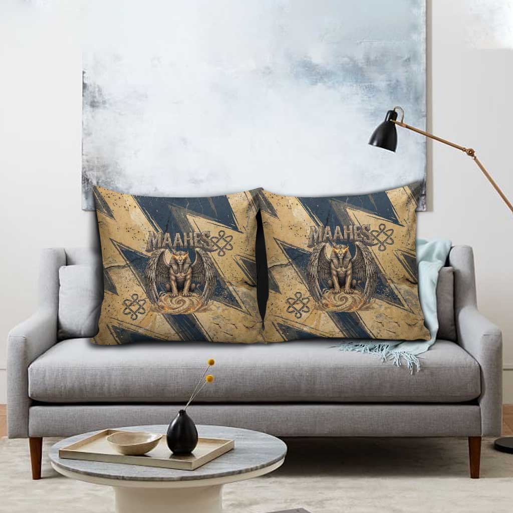 Maahes Ancient Egyptian Pillow Cover Geometric Pattern Winged Lion Deity, and Sacred Lotus Motif - Wonder Print Shop