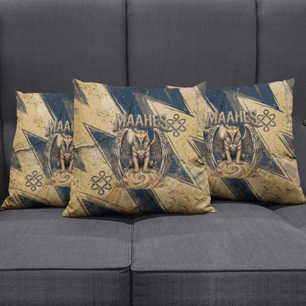 Maahes Ancient Egyptian Pillow Cover Geometric Pattern Winged Lion Deity, and Sacred Lotus Motif - Wonder Print Shop