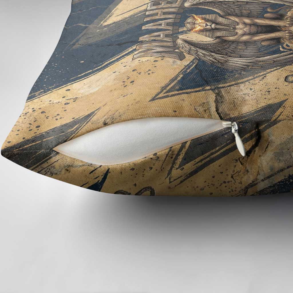 Maahes Ancient Egyptian Pillow Cover Geometric Pattern Winged Lion Deity, and Sacred Lotus Motif - Wonder Print Shop