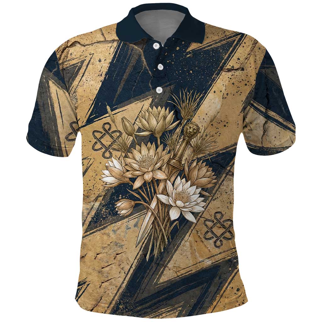 Maahes Ancient Egyptian Polo Shirt Geometric Pattern Winged Lion Deity, and Sacred Lotus Motif - Wonder Print Shop