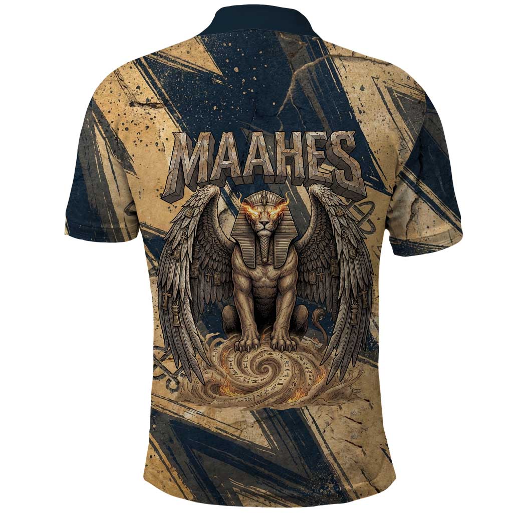 Maahes Ancient Egyptian Polo Shirt Geometric Pattern Winged Lion Deity, and Sacred Lotus Motif - Wonder Print Shop