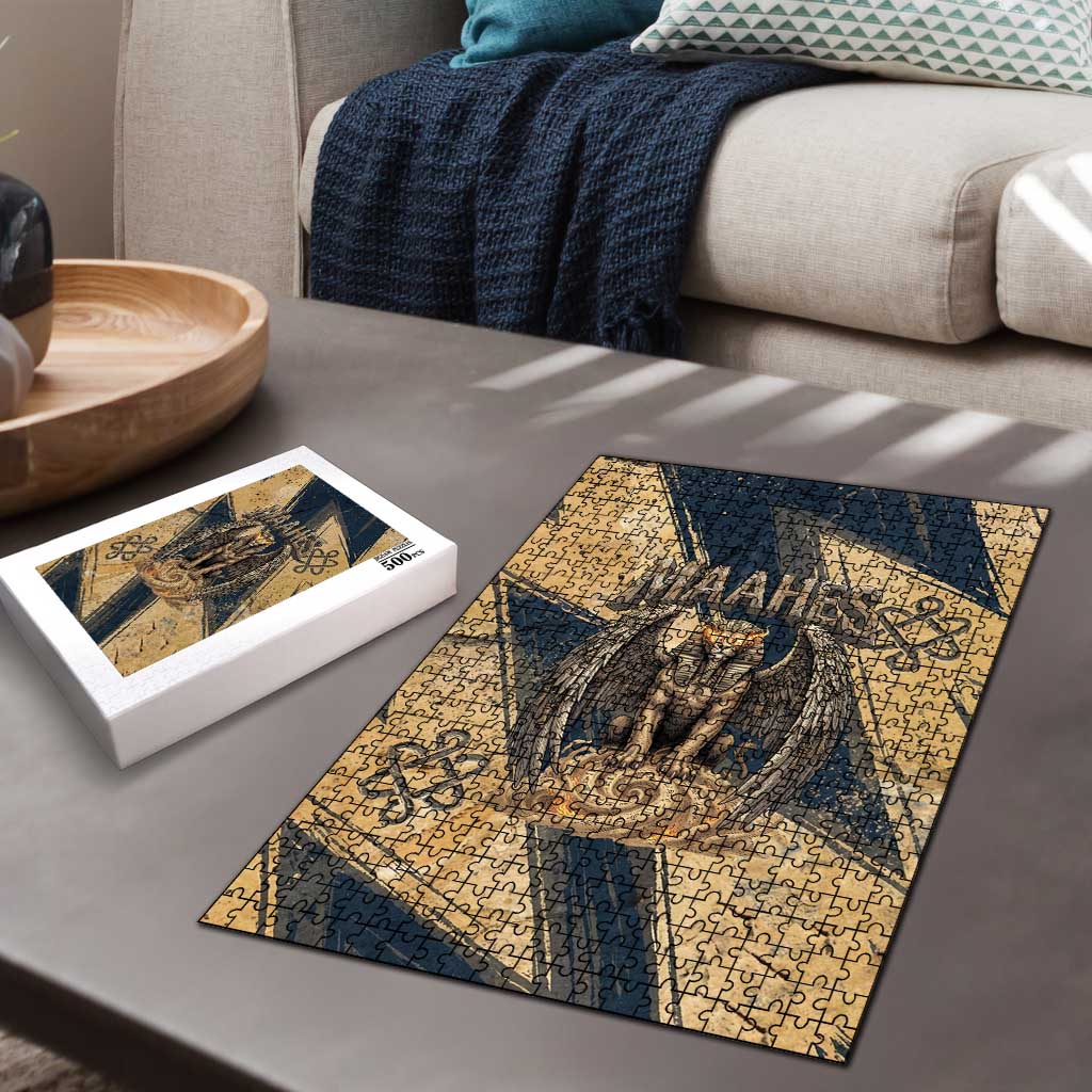 Maahes Ancient Egyptian Puzzle Geometric Pattern Winged Lion Deity, and Sacred Lotus Motif - Wonder Print Shop