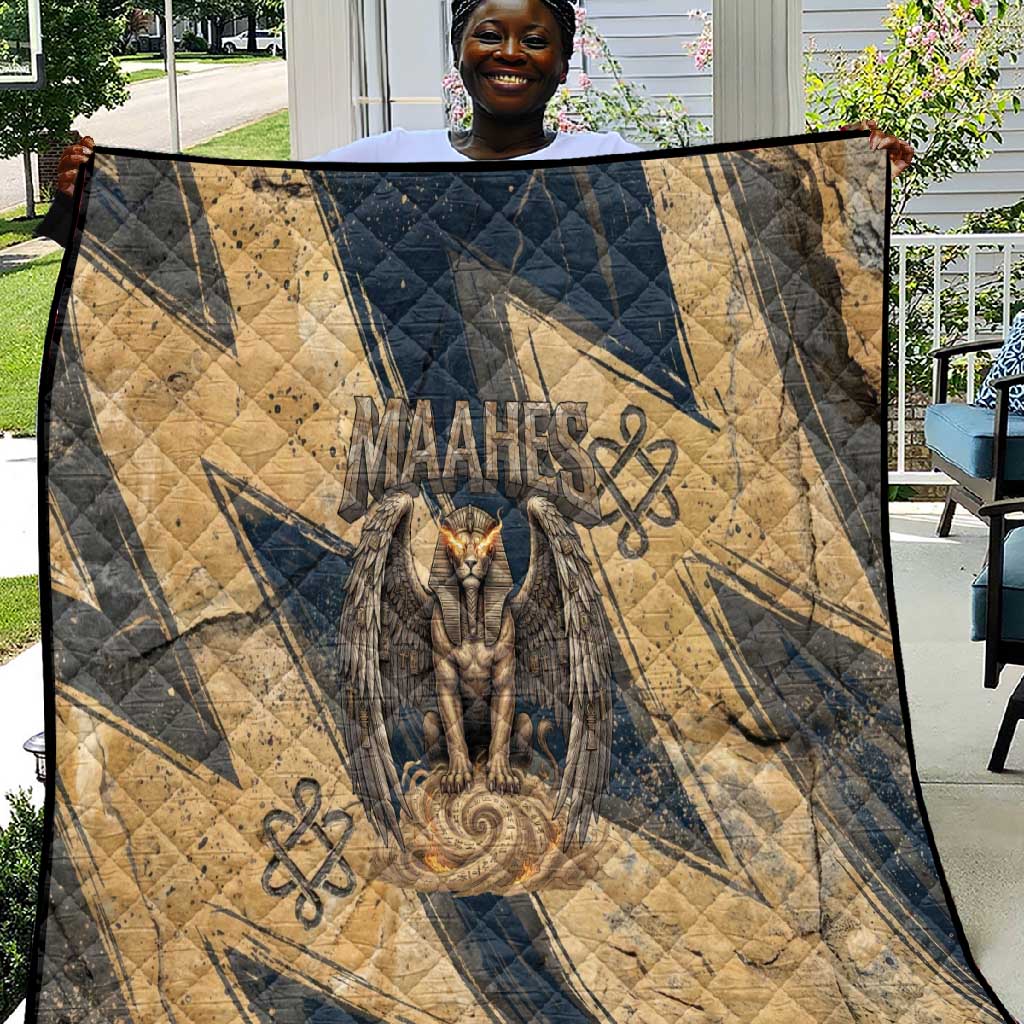 Maahes Ancient Egyptian Quilt Geometric Pattern Winged Lion Deity, and Sacred Lotus Motif - Wonder Print Shop