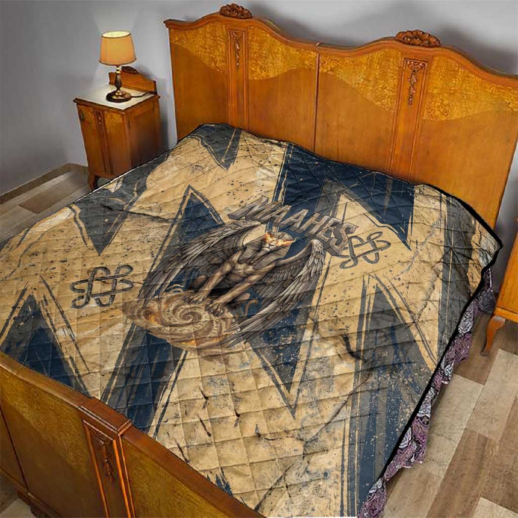Maahes Ancient Egyptian Quilt Geometric Pattern Winged Lion Deity, and Sacred Lotus Motif - Wonder Print Shop