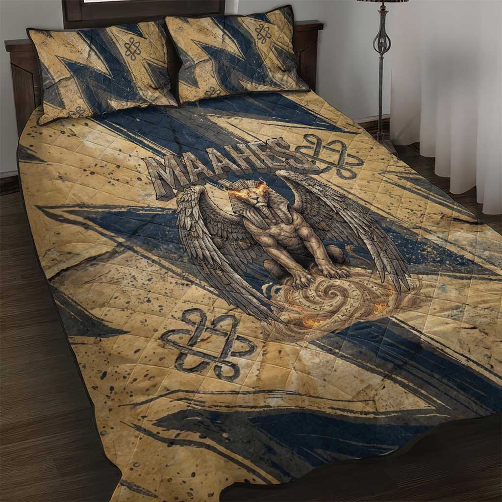 Maahes Ancient Egyptian Quilt Bed Set Geometric Pattern Winged Lion Deity, and Sacred Lotus Motif - Wonder Print Shop