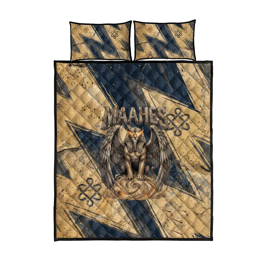 Maahes Ancient Egyptian Quilt Bed Set Geometric Pattern Winged Lion Deity, and Sacred Lotus Motif - Wonder Print Shop