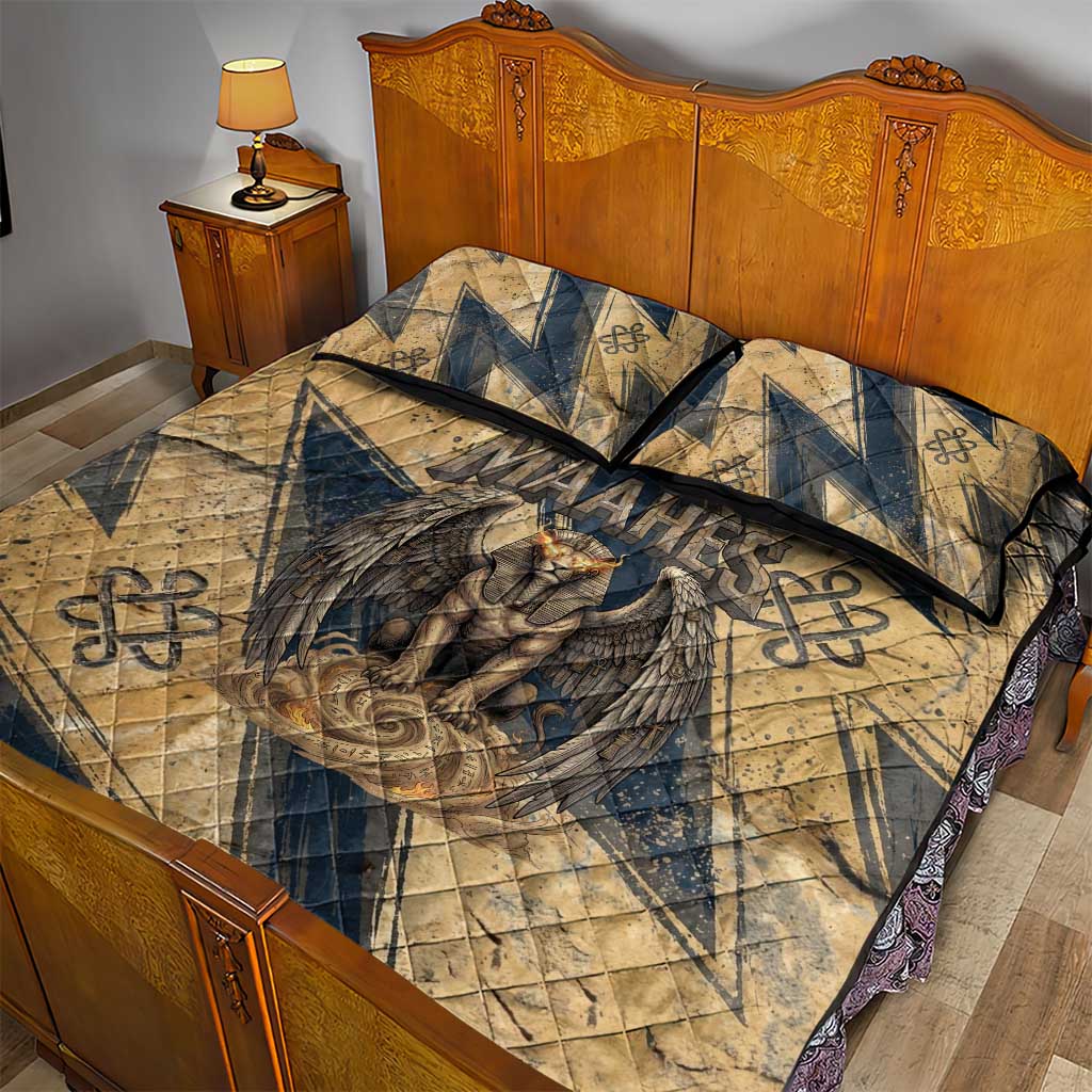 Maahes Ancient Egyptian Quilt Bed Set Geometric Pattern Winged Lion Deity, and Sacred Lotus Motif - Wonder Print Shop
