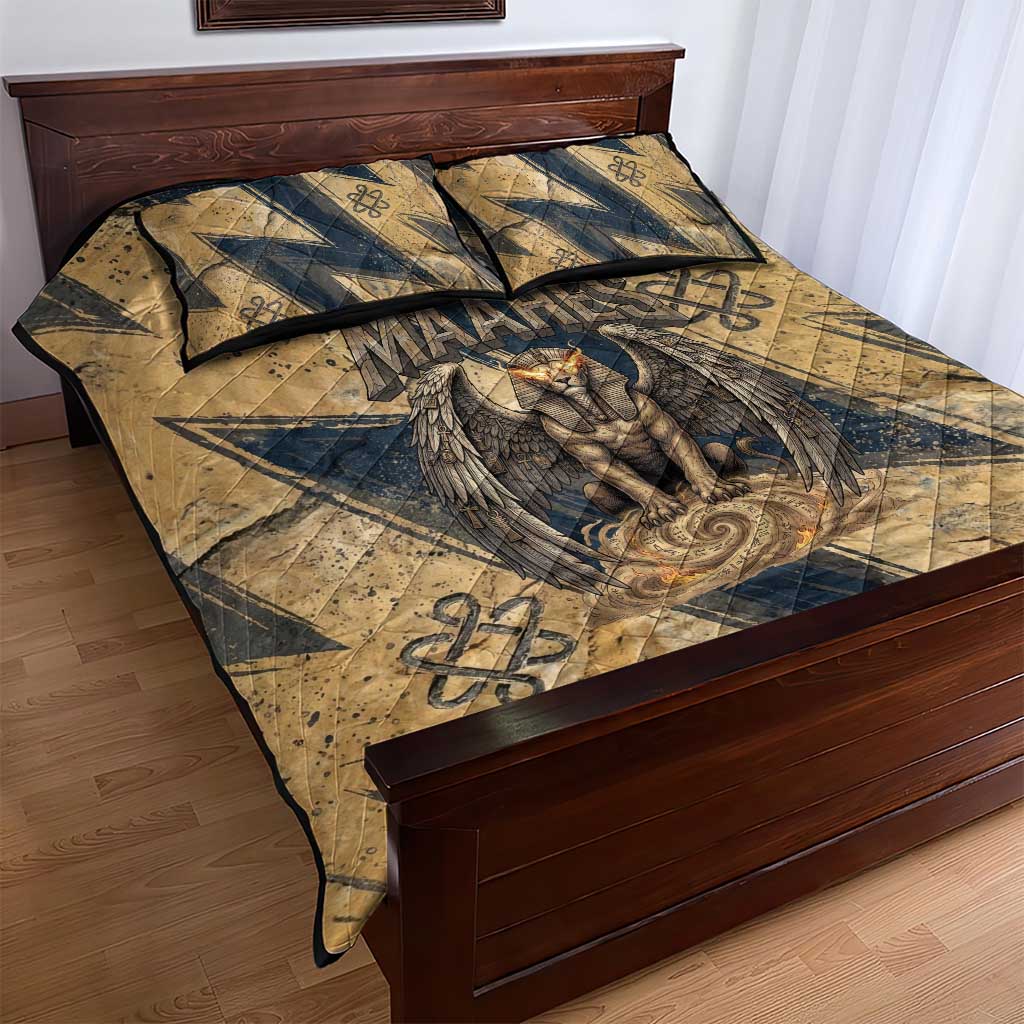 Maahes Ancient Egyptian Quilt Bed Set Geometric Pattern Winged Lion Deity, and Sacred Lotus Motif - Wonder Print Shop