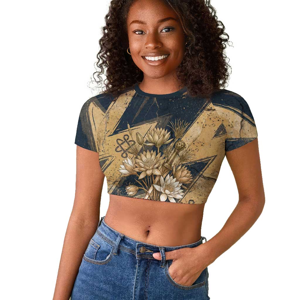 Maahes Ancient Egyptian Raglan Cropped T shirt Geometric Pattern Winged Lion Deity, and Sacred Lotus Motif - Wonder Print Shop