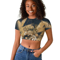 Maahes Ancient Egyptian Raglan Cropped T shirt Geometric Pattern Winged Lion Deity, and Sacred Lotus Motif - Wonder Print Shop