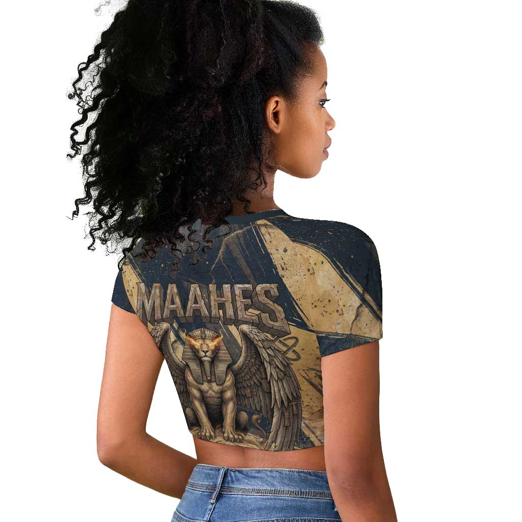Maahes Ancient Egyptian Raglan Cropped T shirt Geometric Pattern Winged Lion Deity, and Sacred Lotus Motif - Wonder Print Shop