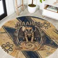 Maahes Ancient Egyptian Round Carpet Geometric Pattern Winged Lion Deity, and Sacred Lotus Motif - Wonder Print Shop