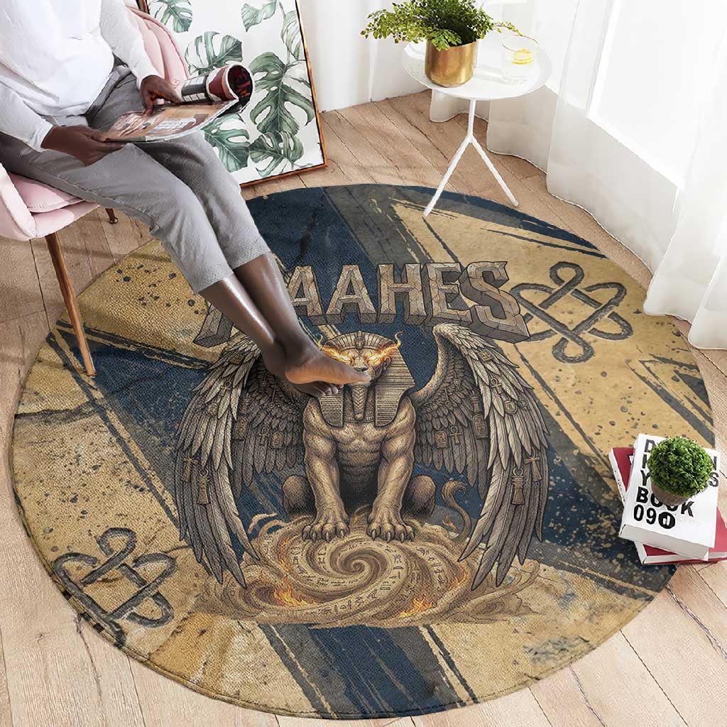 Maahes Ancient Egyptian Round Carpet Geometric Pattern Winged Lion Deity, and Sacred Lotus Motif - Wonder Print Shop