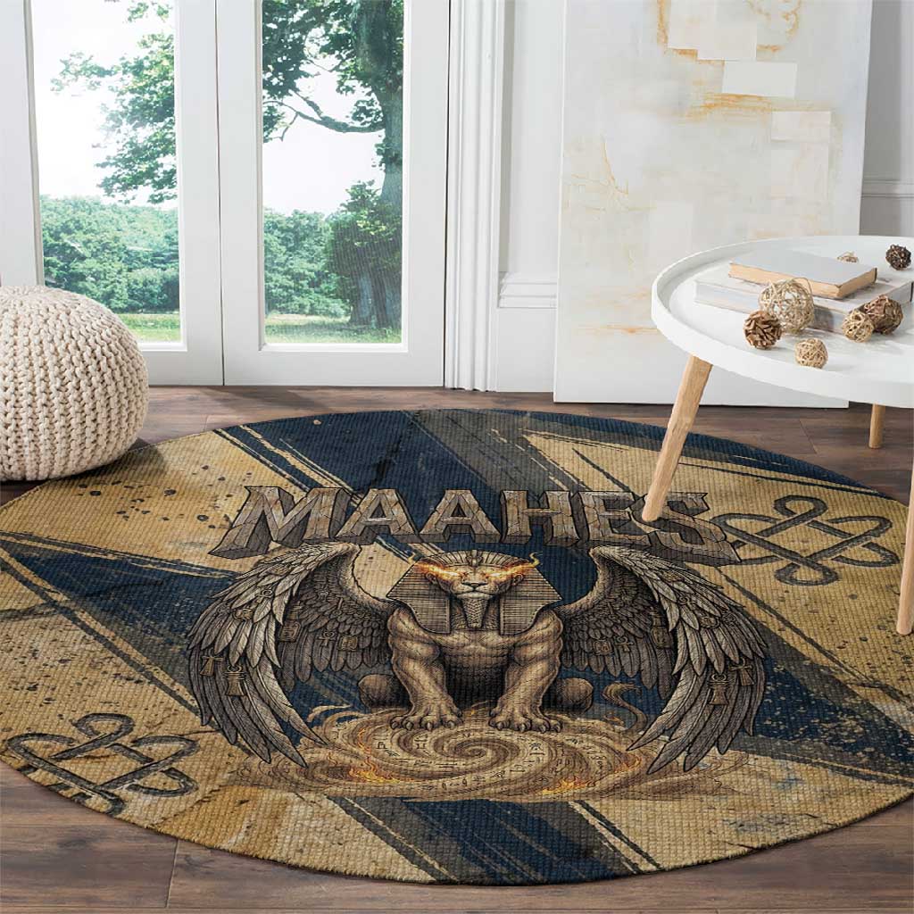 Maahes Ancient Egyptian Round Carpet Geometric Pattern Winged Lion Deity, and Sacred Lotus Motif - Wonder Print Shop