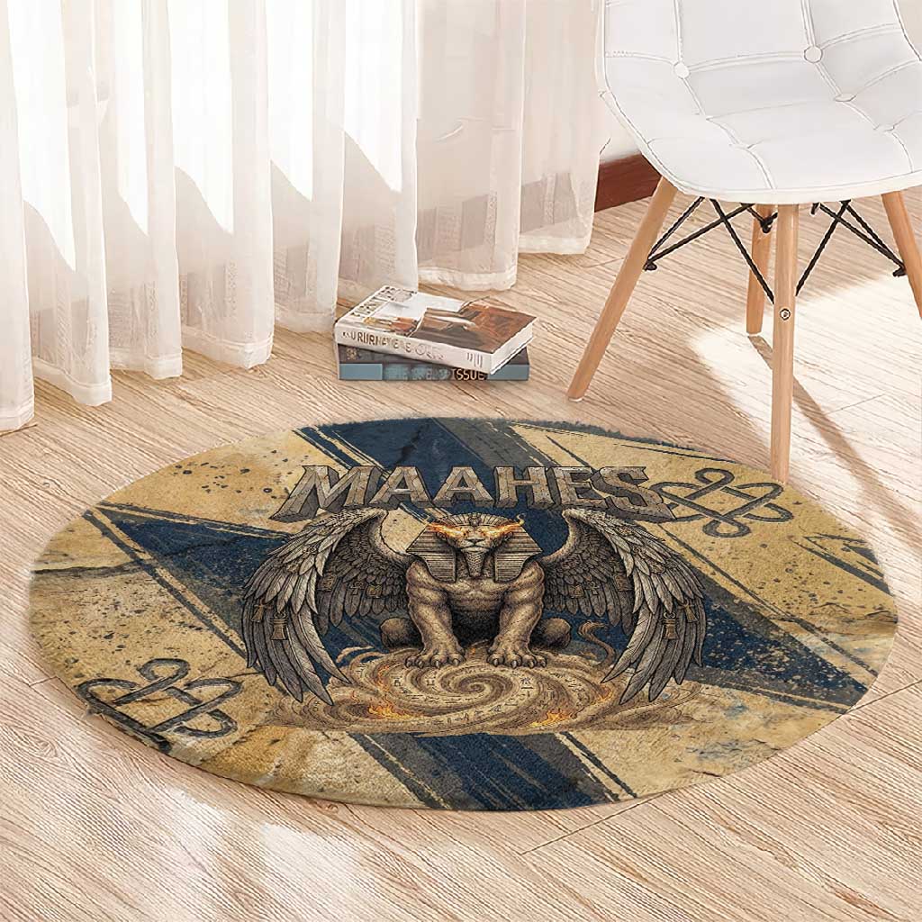 Maahes Ancient Egyptian Round Carpet Geometric Pattern Winged Lion Deity, and Sacred Lotus Motif - Wonder Print Shop