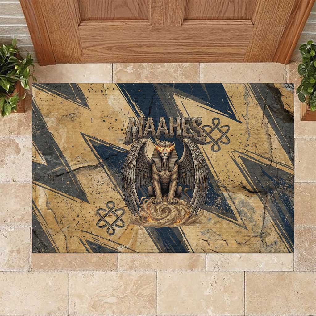 Maahes Ancient Egyptian Rubber Doormat Geometric Pattern Winged Lion Deity, and Sacred Lotus Motif - Wonder Print Shop