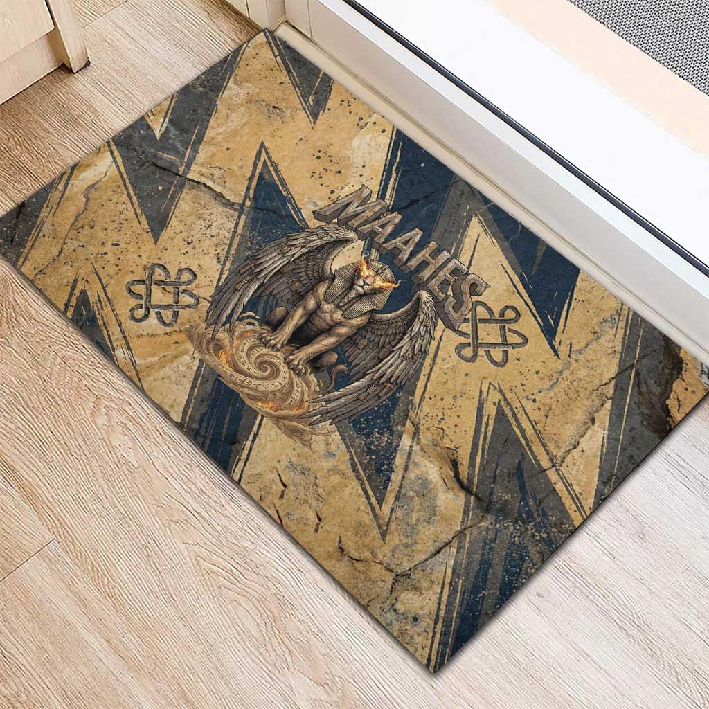 Maahes Ancient Egyptian Rubber Doormat Geometric Pattern Winged Lion Deity, and Sacred Lotus Motif - Wonder Print Shop