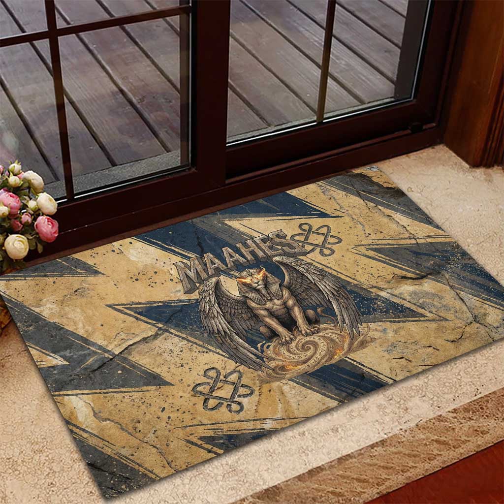 Maahes Ancient Egyptian Rubber Doormat Geometric Pattern Winged Lion Deity, and Sacred Lotus Motif - Wonder Print Shop