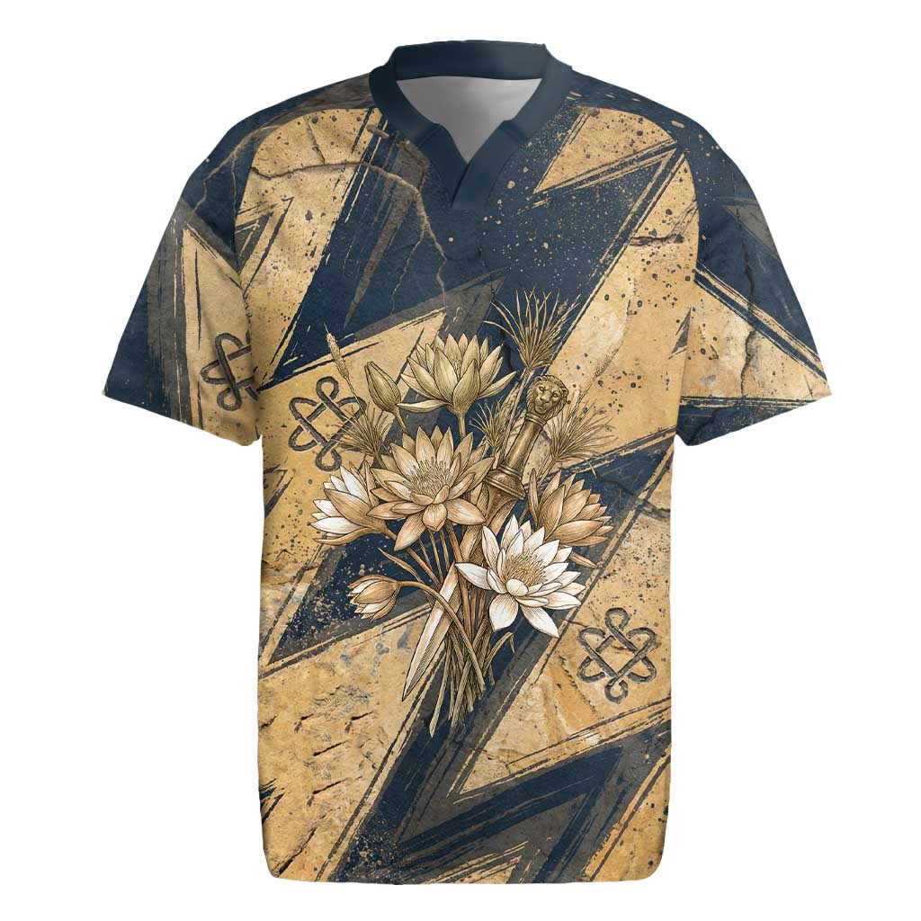 Maahes Ancient Egyptian Rugby Jersey Geometric Pattern Winged Lion Deity, and Sacred Lotus Motif - Wonder Print Shop