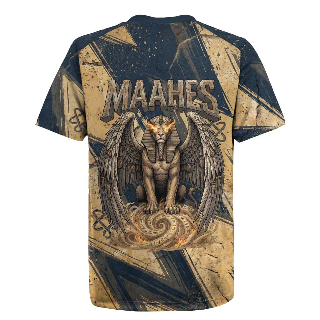 Maahes Ancient Egyptian Rugby Jersey Geometric Pattern Winged Lion Deity, and Sacred Lotus Motif - Wonder Print Shop