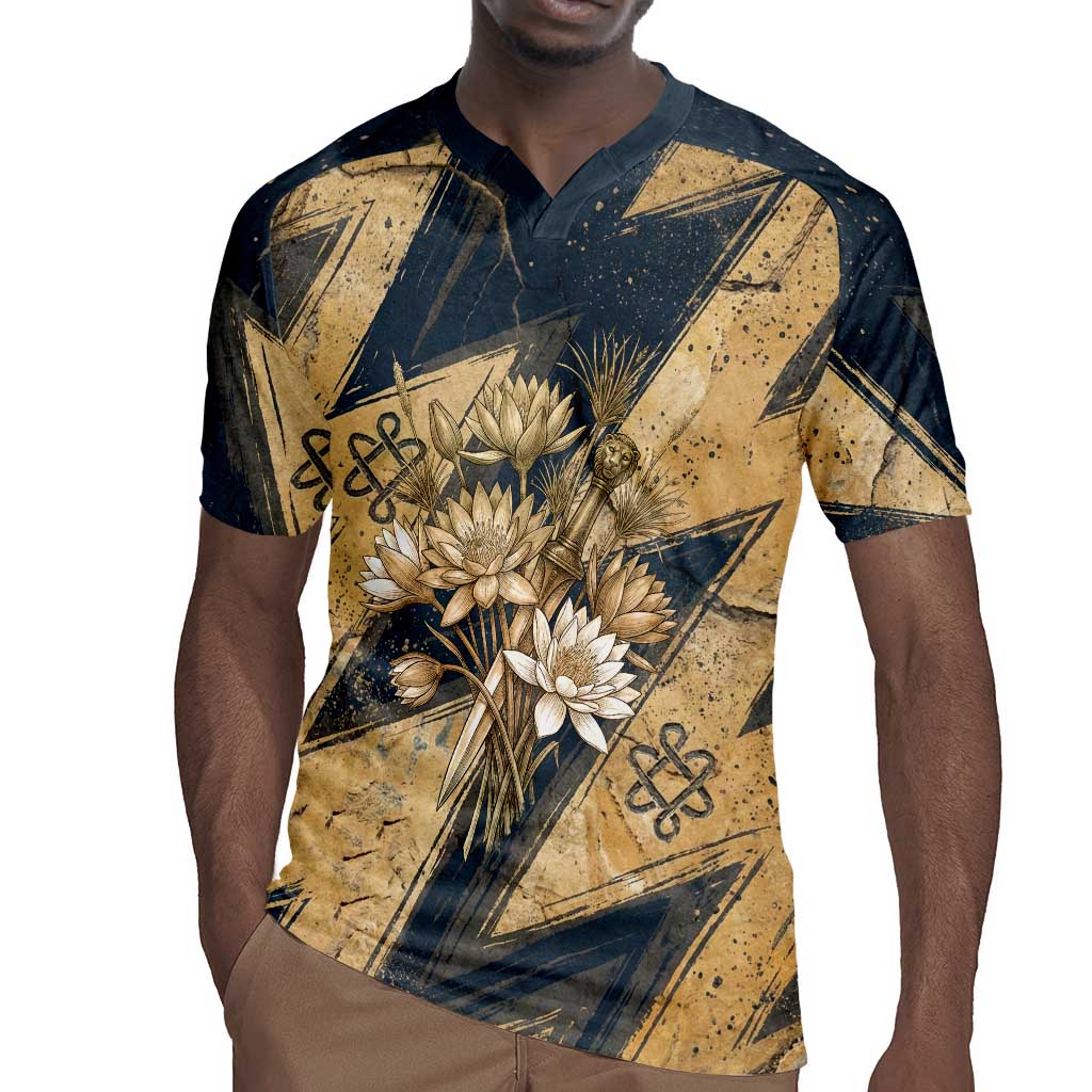 Maahes Ancient Egyptian Rugby Jersey Geometric Pattern Winged Lion Deity, and Sacred Lotus Motif - Wonder Print Shop