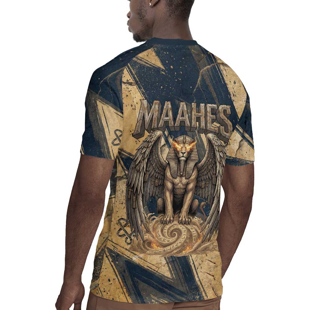 Maahes Ancient Egyptian Rugby Jersey Geometric Pattern Winged Lion Deity, and Sacred Lotus Motif - Wonder Print Shop