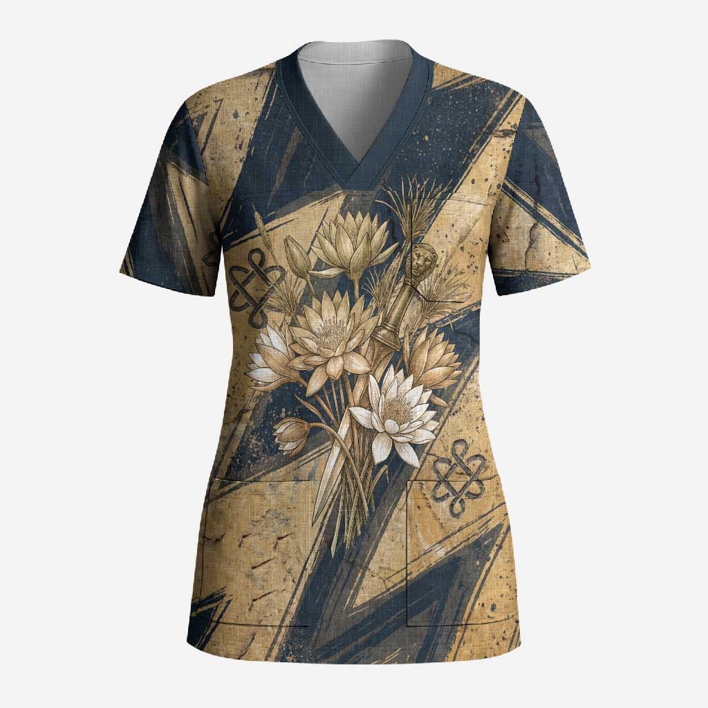 Maahes Ancient Egyptian Scrub Top Geometric Pattern Winged Lion Deity, and Sacred Lotus Motif - Wonder Print Shop