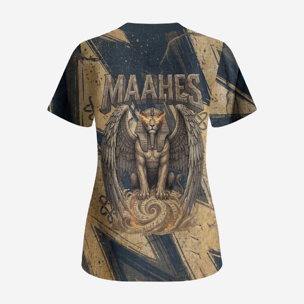 Maahes Ancient Egyptian Scrub Top Geometric Pattern Winged Lion Deity, and Sacred Lotus Motif - Wonder Print Shop