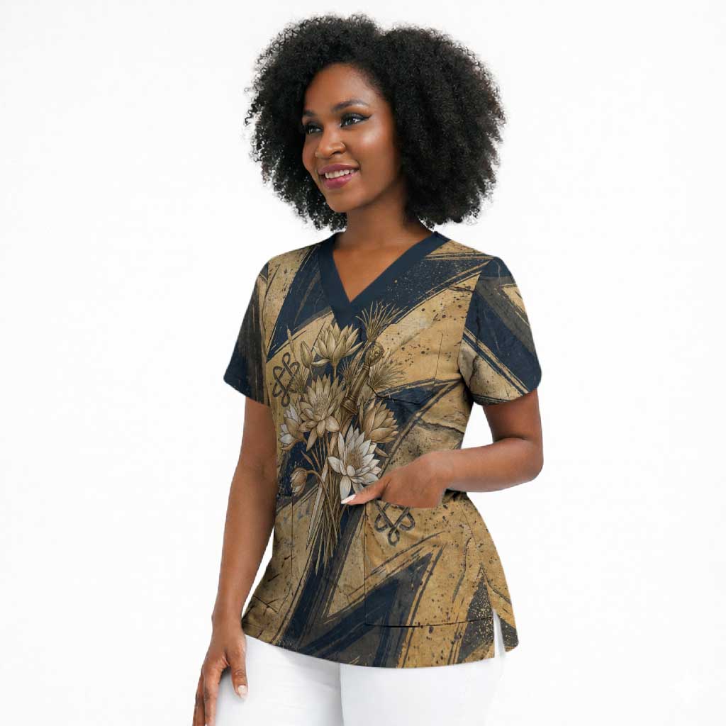 Maahes Ancient Egyptian Scrub Top Geometric Pattern Winged Lion Deity, and Sacred Lotus Motif - Wonder Print Shop