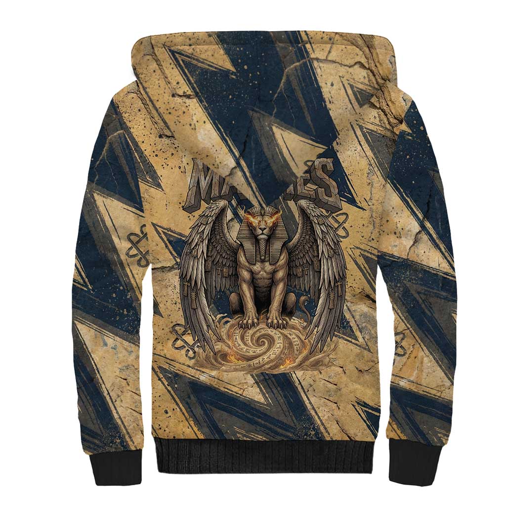 Maahes Ancient Egyptian Sherpa Hoodie Geometric Pattern Winged Lion Deity, and Sacred Lotus Motif - Wonder Print Shop
