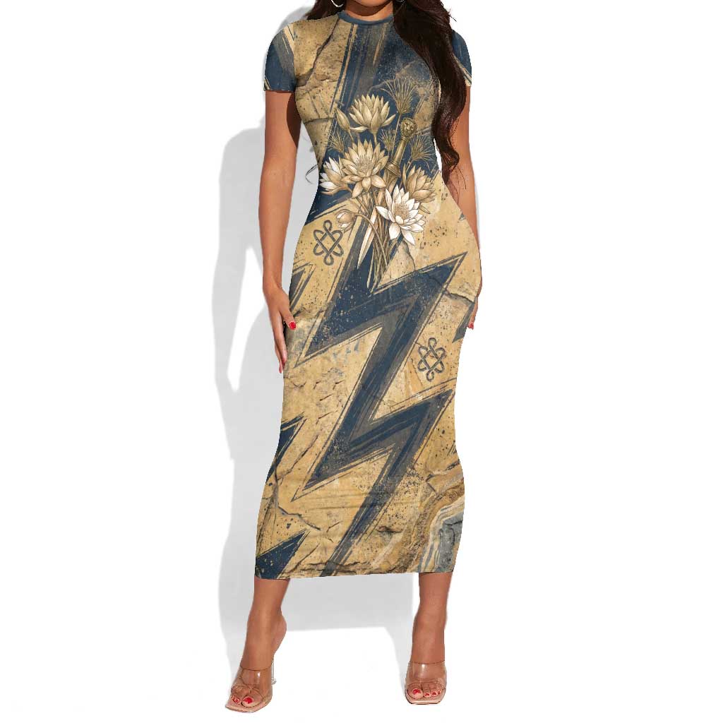 Maahes Ancient Egyptian Short Sleeve Bodycon Dress Geometric Pattern Winged Lion Deity, and Sacred Lotus Motif - Wonder Print Shop