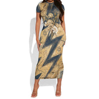 Maahes Ancient Egyptian Short Sleeve Bodycon Dress Geometric Pattern Winged Lion Deity, and Sacred Lotus Motif - Wonder Print Shop