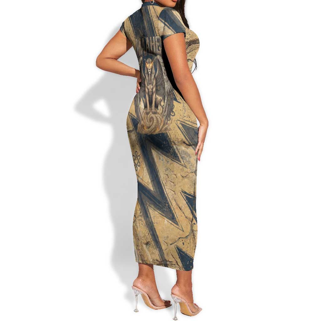 Maahes Ancient Egyptian Short Sleeve Bodycon Dress Geometric Pattern Winged Lion Deity, and Sacred Lotus Motif - Wonder Print Shop