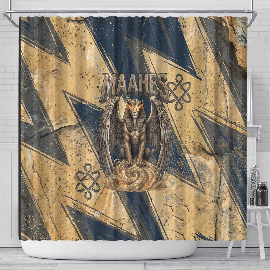 Maahes Ancient Egyptian Shower Curtain Geometric Pattern Winged Lion Deity, and Sacred Lotus Motif - Wonder Print Shop